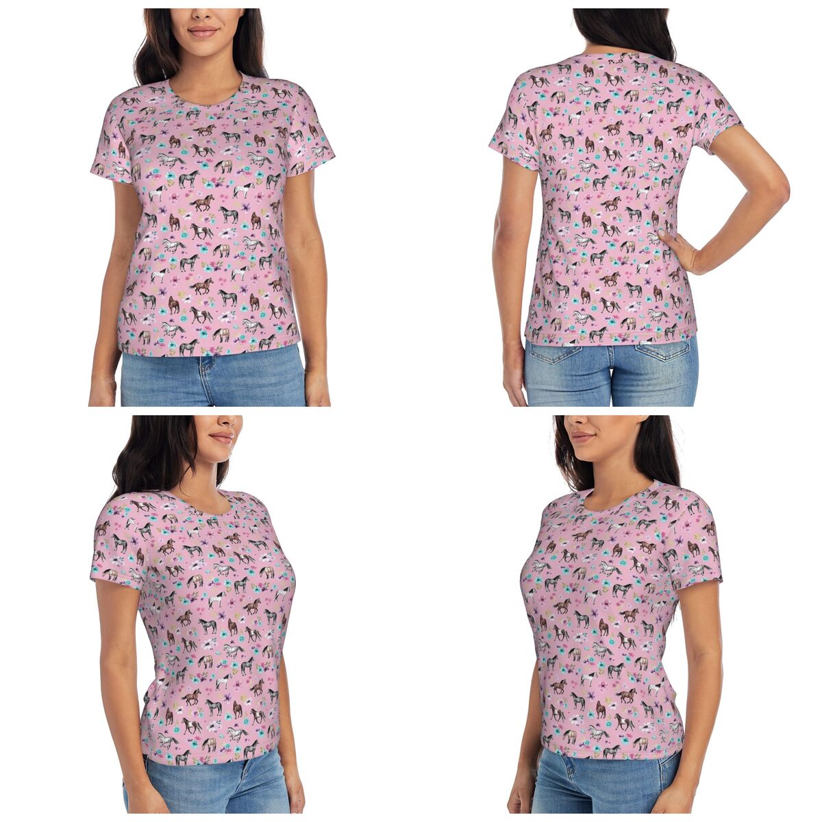 Summer Equestrian Clothing - Horses And Flowers On Pink, Equestrian
